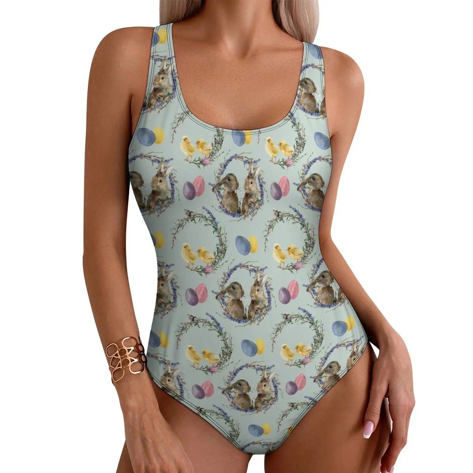 Easter Day Swimsuit Sexy Vintage Rabbit Print Female Swimwear One Piece Fashion Bodysuit Surf Push Up Sleeveless Bathing Suits