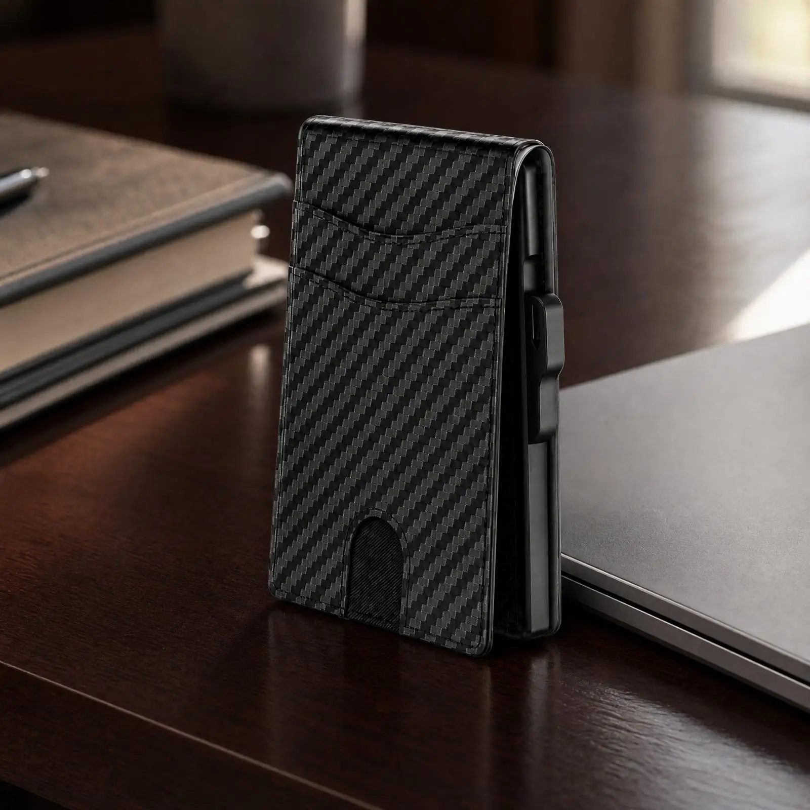 Carbon Fiber Pattern RFID Blocking Card Holder Bifold Wallet for Daily Travel with ID Window and Multiple Card Slots Security