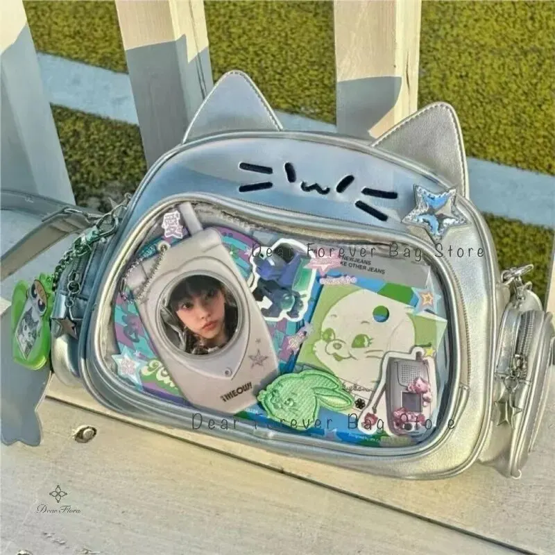Ita Bag Zaino Piccolo Con Gatto Ricamato - Borsa A Tracolla Con Finestra Trasparente Per Spille, Inclusi 4 Bottoni Da 58 Mm