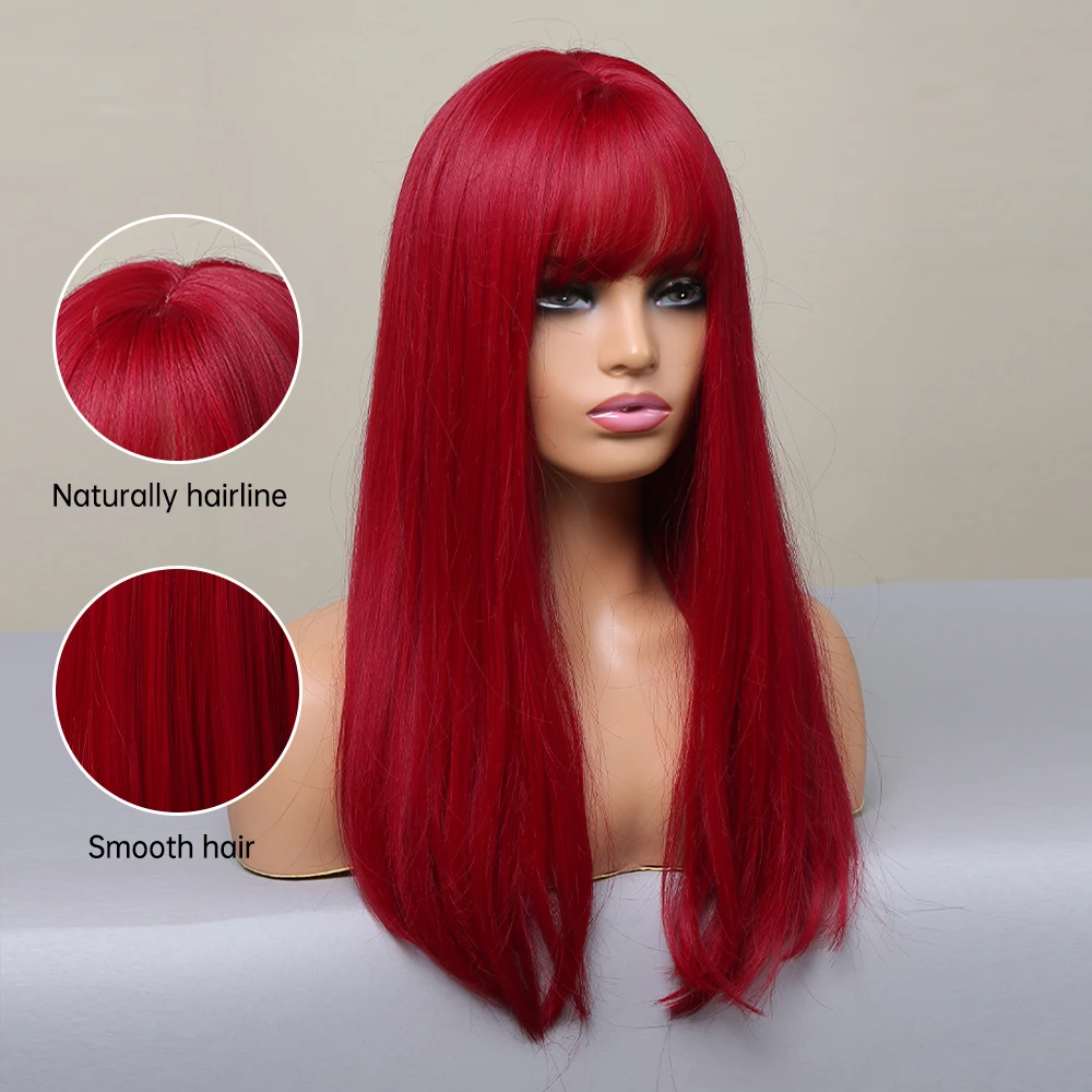 HENRY MARGU Long Straight Red Synthetic Wigs Christmas Hair With Bangs Natural Wigs for Women Cosplay Party Heat Resistant Wigs