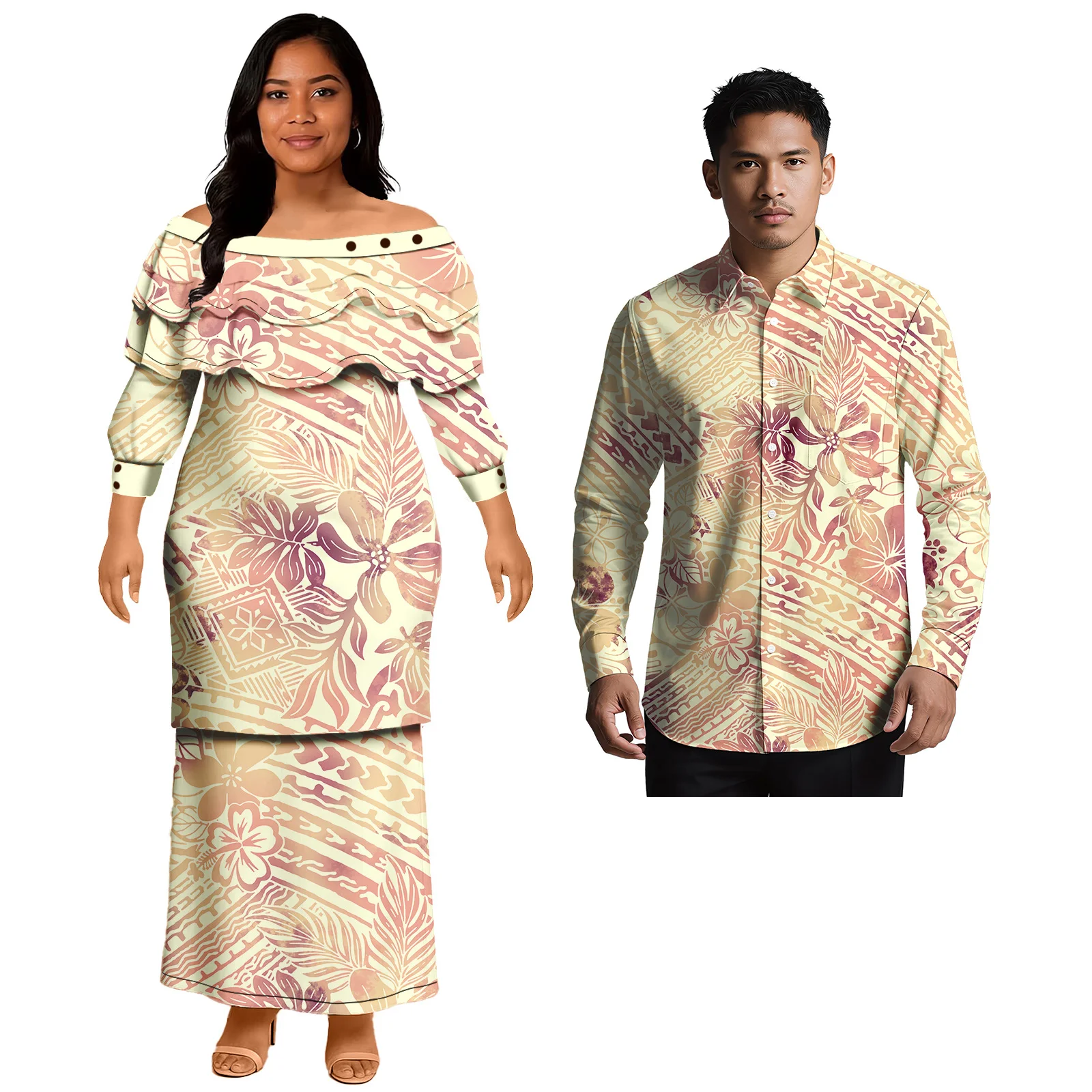 Vêtements d'église personnalisés, ensemble 2 pièces pour couple, design décontracté Aloha pour la plage, costume de couple, robe longue pour femme, chemise pour homme, style samoan polynésien