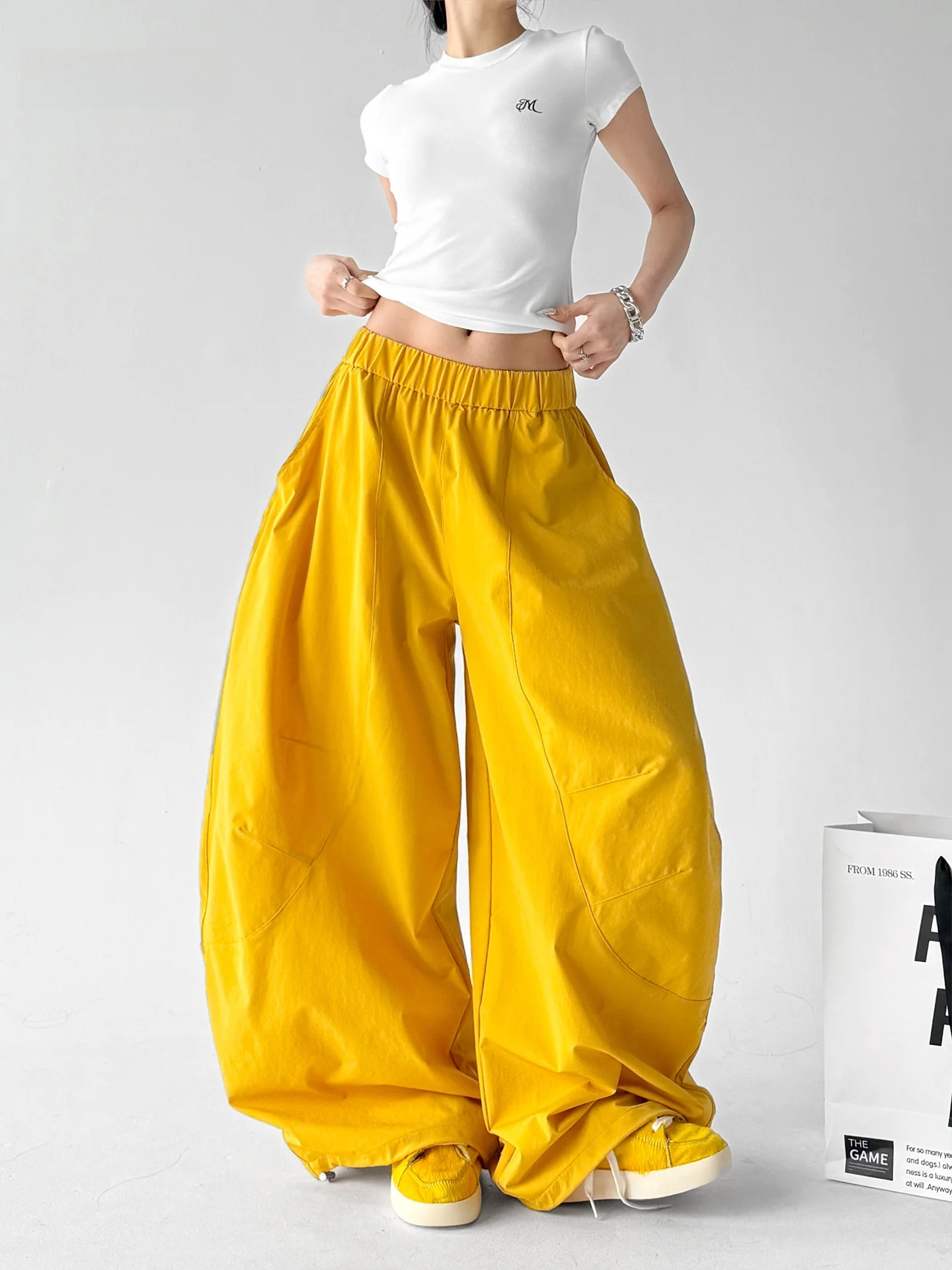 

Желтые женские летние новые тонкие широкие брюки для активного отдыха, повседневные, с высокой талией, удобные, дышащие