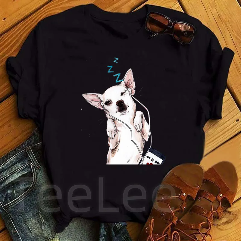 Funny Cartoon Bread Dog O-Neck T Shirt Femme Printing I love Chihuahua Women T-shirt Harajuku Hip Hop Graphic Black Tees