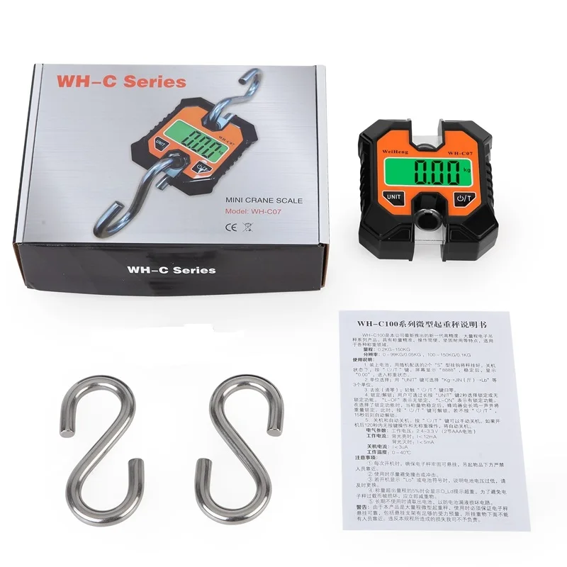 100kg Mini Electronic Crane Scale Heavy Duty Hanging Weighing Hook Steelyard Portable LCD Industrial Livestock Scales 250kg