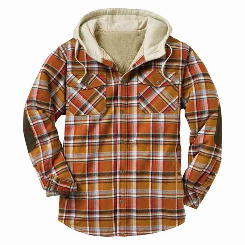 Europe and The United States Men\'s Autumn and Winter Plaid Printed Casual Hooded Shirt Jacket with Fleece Thickened Jacket