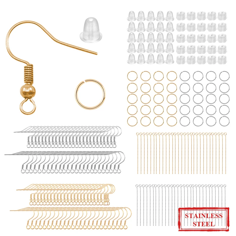 Stainless Steel Earring Making Supply Kits Ear Hooks Open Rings Earring Backs Melon Seeds Buckle Head Pins For Jewelry Making