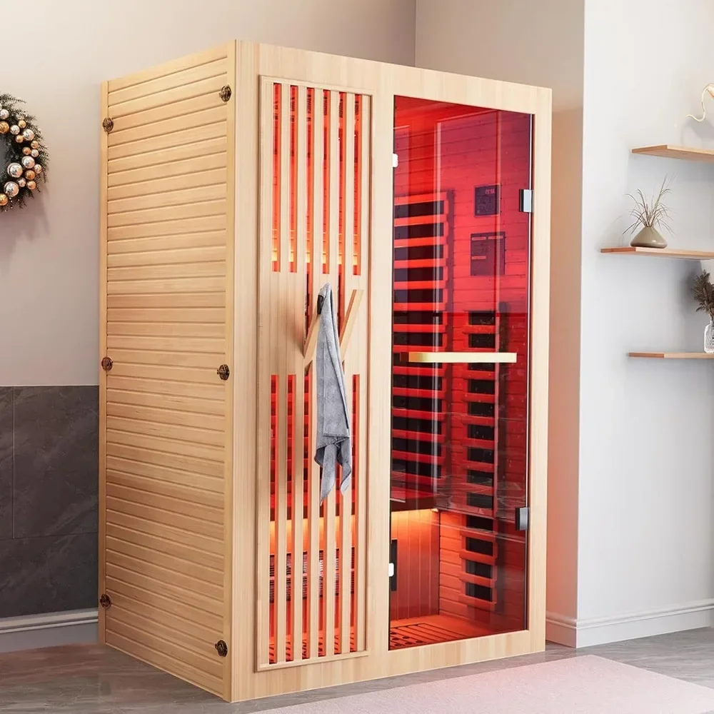 Full Spectrum Sauna for Home, 1~2 Person Indoor Infrared Sauna Room with 10 Minutes Warm-up Heate, Wood Home Infrared Sauna