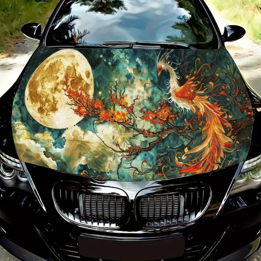 Under the moonlight, the phoenix perched on a tree branch Car Hood Vinyl Wraps Sticker, Car Engine Decal, Waterproof Self-adhesi