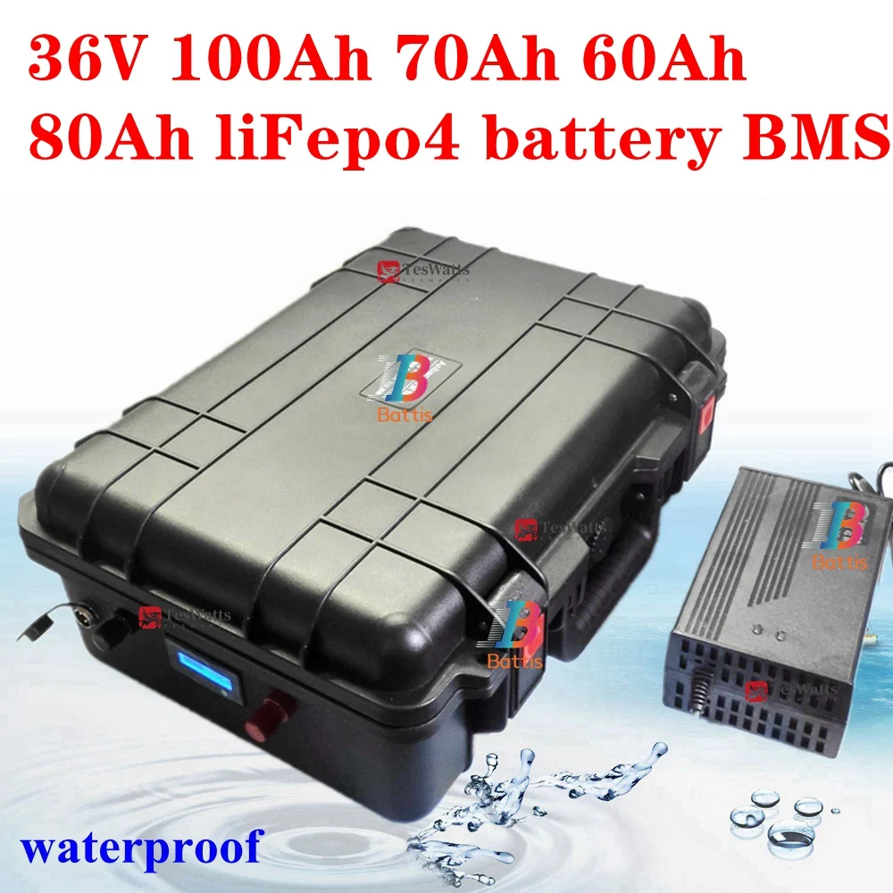 Batería liFepo4 de 36V, 100Ah, 70Ah, 60Ah, 80Ah, BMS para motor de barco, sistema solar UPS, farola solar EV + cargador de 43,8 v 10A