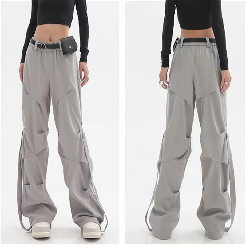 

Y2K Casual Women's Wide Leg Elastic Waist Pants Spring Korean Streetwear Oversized High Waist Joggers Grey Pleated Trousers