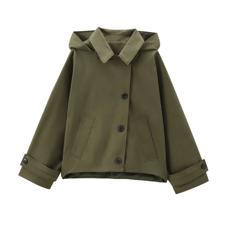 New Removable Hooded Jacket Short Tooling Windproof Jacket Long Sleeved Lapel Single Breasted Tops Women Coat Army Green XS-L