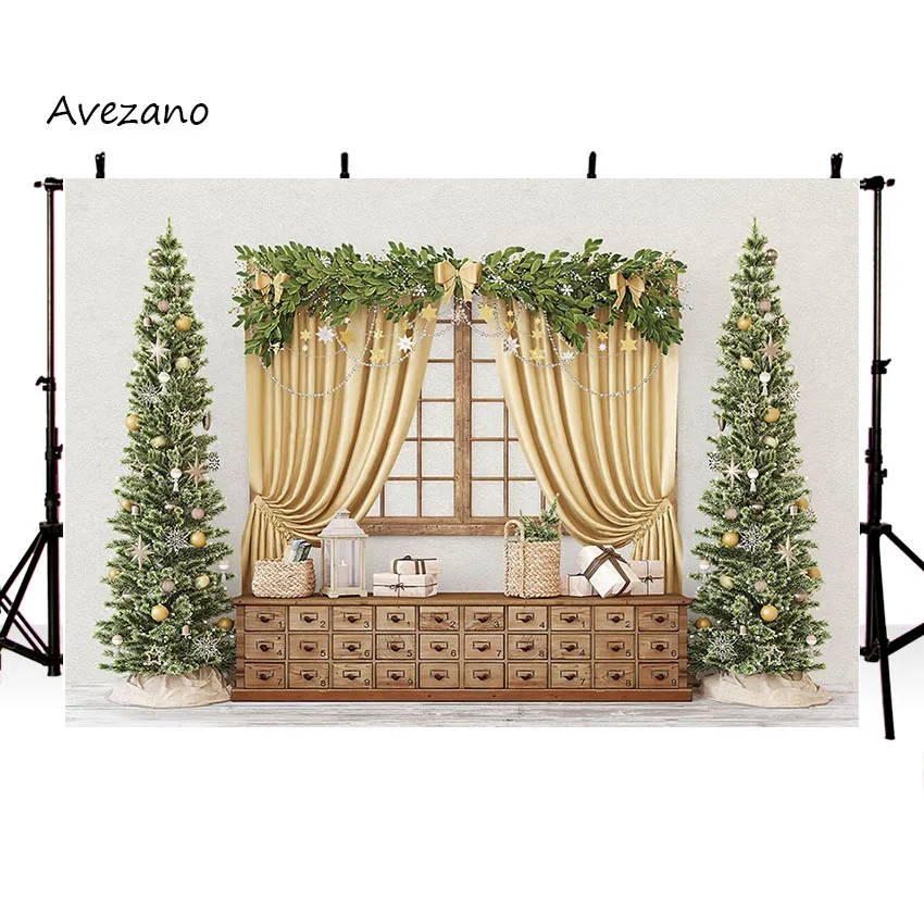 Avezano Photography Background White and Gold Curtains Christmas Backdrop Interior Xmas Trees Portrait Photo Studio Photocall