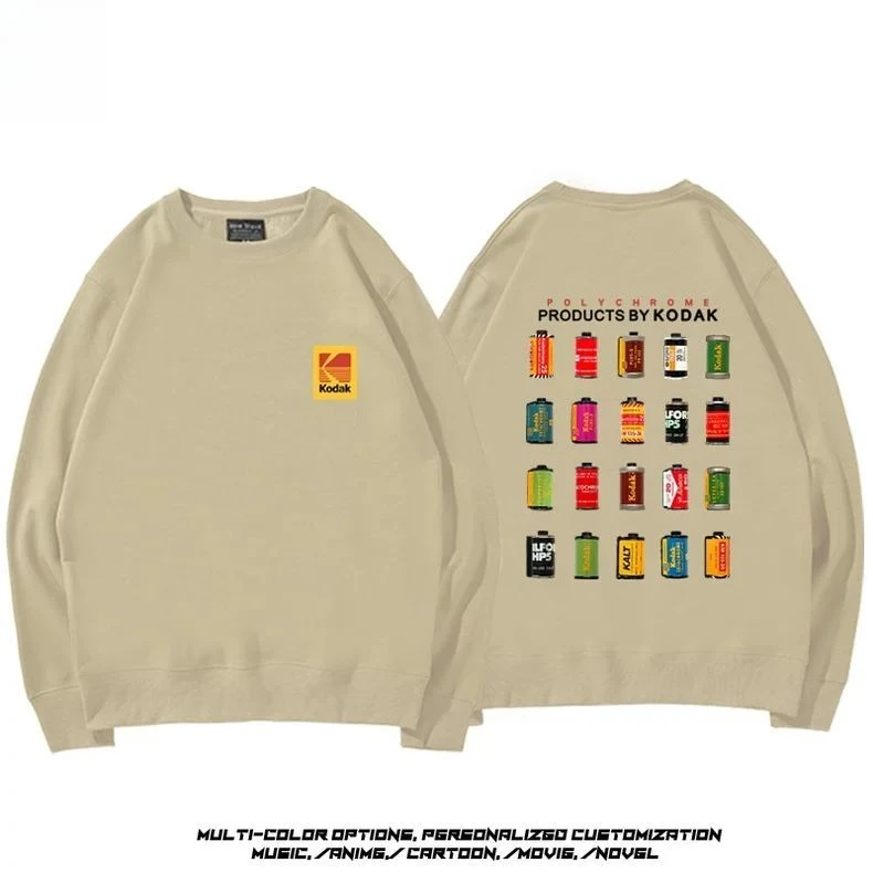 Kodak Logo Print Pullover Sweatshirt Relaxed Fit Fall Winter Casual Couple Unisex