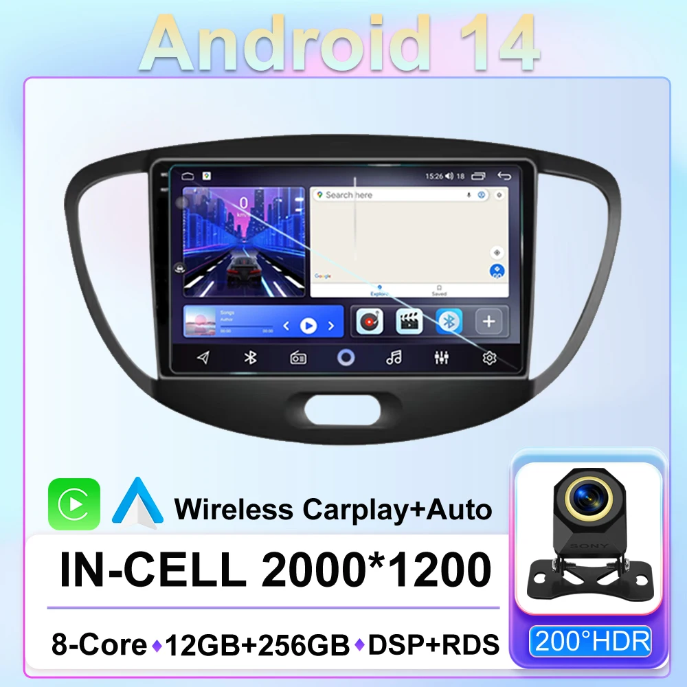 

Car Radio Player for For Hyundai i10 2007 - 2013 Wireless CarPlay Android 14 Auto Radio 2 din GPS Navigation 5G Wifi Monitor Vid