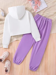 Girls' Autumn Children's 8-12 Y Fashion Sports White Letter Printed Hoodie+Purple Printed Pants 2-piece Set