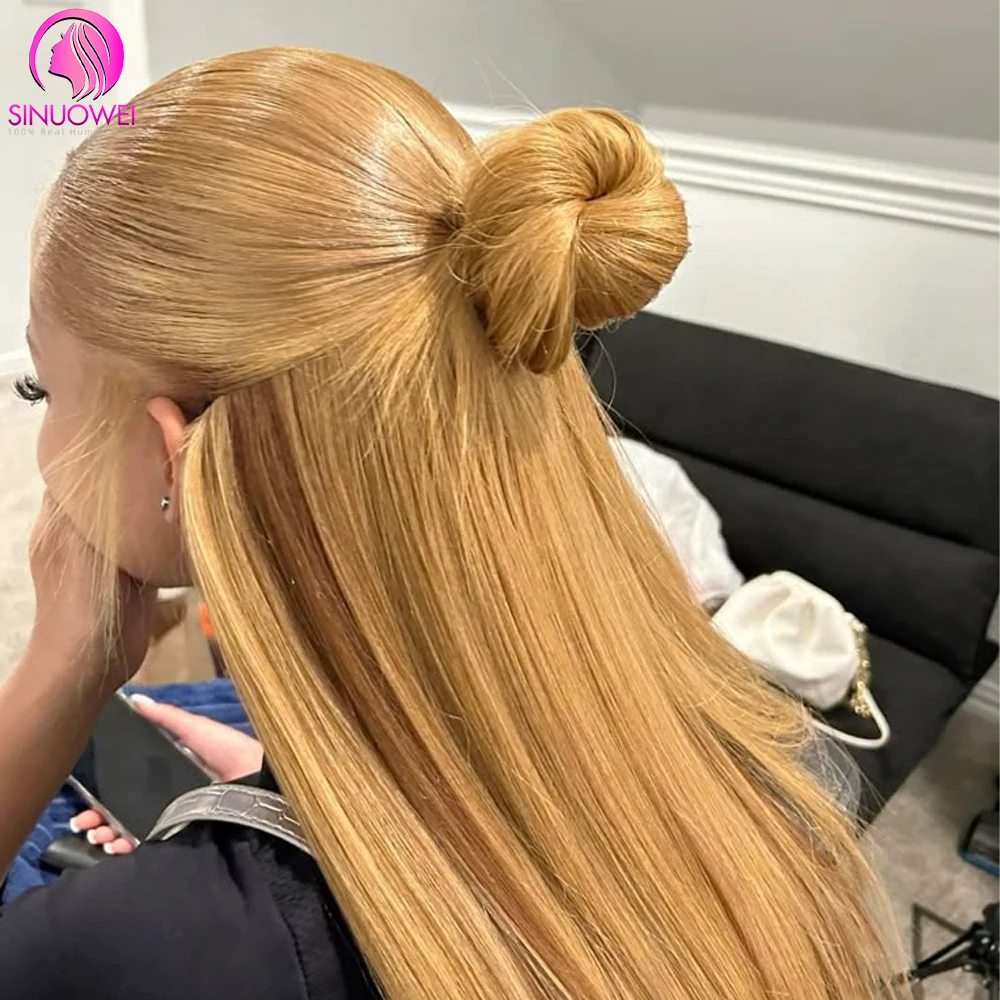 Peluca rubia miel, pelucas rectas de hueso de cabello humano, pelucas frontales de encaje HD 13x6 para mujeres, 200% de densidad 27 # Pelucas delanteras de encaje de colores