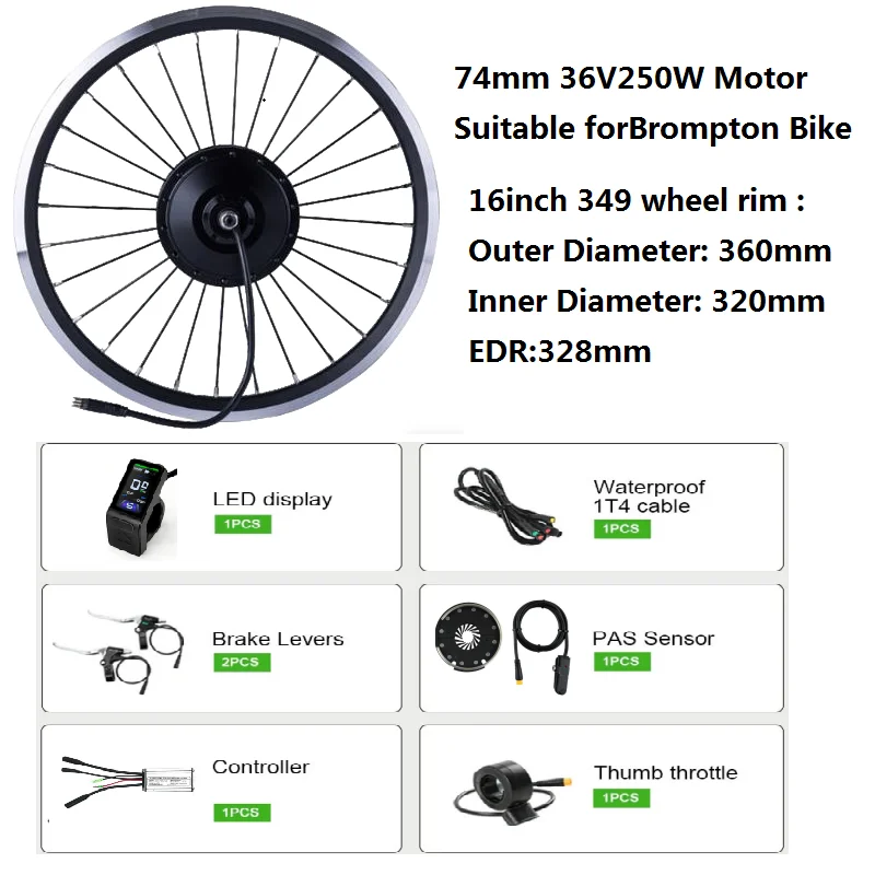 

DIY Brompton E-Bike Conversion Kits E Bike motor Kits 74MM Battery,Bike to Electric Bike Upgrade Kit 250W 16 inch wheel