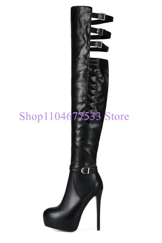 Black Leather Hollow Out Woman Long Boots Fashion Stiletto Heel Lady Platform Over the Knee Boots Female Large Size Party Shoes