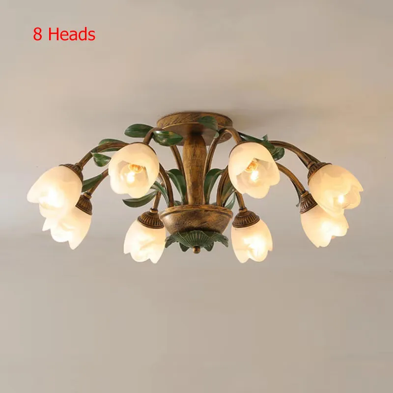 8-Heads French Elegant Garden Style Home Interior Decoration LED Light Modern Creative Flower Shop E14 Glass Retro Ceiling Lamp