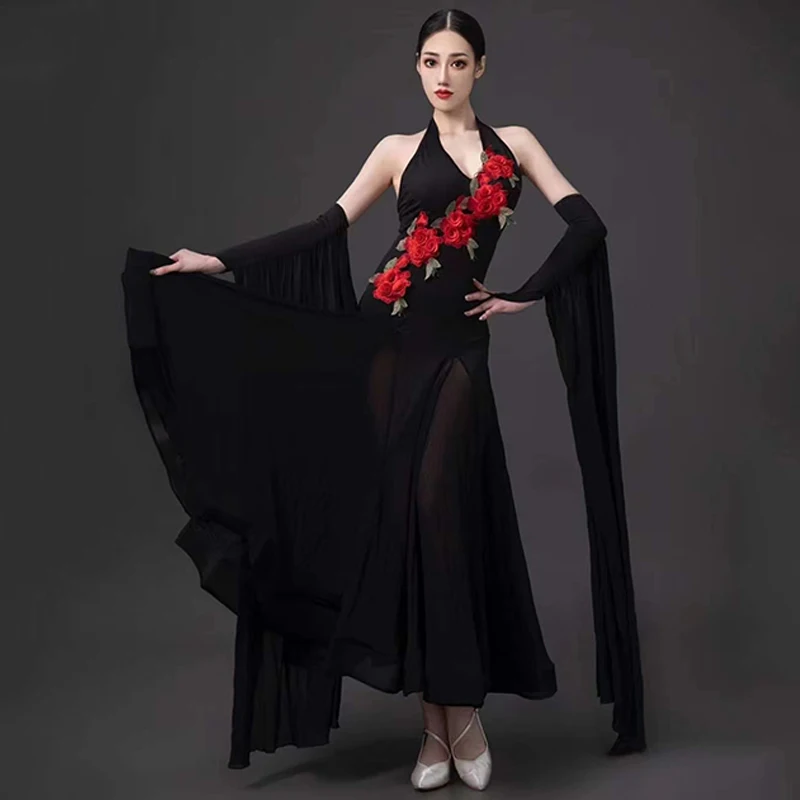 2023 Ballroom Latin Dance Performance Costume Women Prom Tango Waltz Dance Dress Halter Neck Black Dresses Stage Wear BL10245