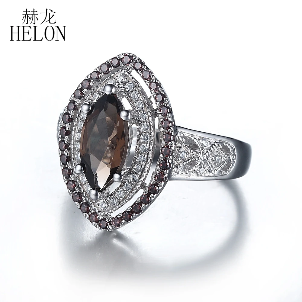 HELON Solid 14K 10k White Gold Marquise 10x5mm Genuine Smokey Quartz & AAA Graded Cubic Zirconia Women Engagement Wedding Ring