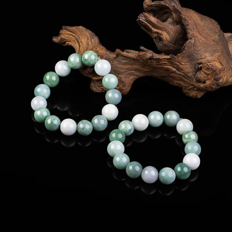 Natural Burmese 13mm Green White Bead Bracelet, Soft Jadeite for Men and Women, Jade Jewelry view 3