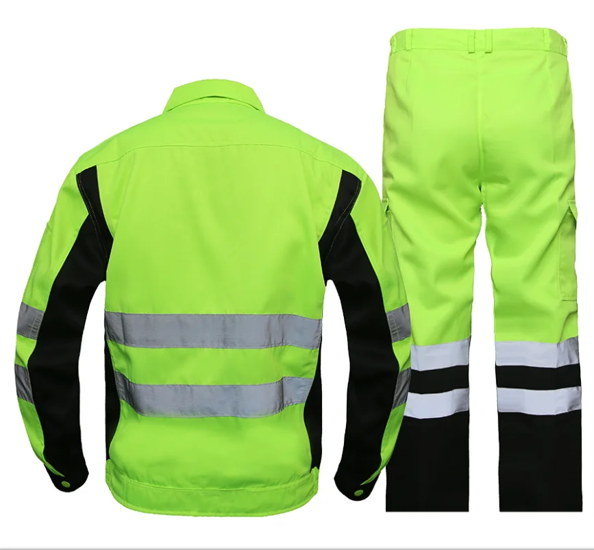 Anti-Static ช่างไฟฟ้า Work เสื้อผ้าก่อสร้างทำงาน Coveralls ผู้ชายเรืองแสงสีเขียวสะท้อนแสง Strip Hi Vis