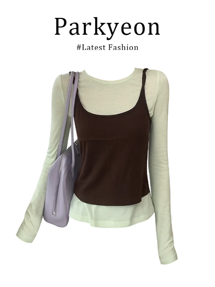 Korean Style Three-Piece Set Parkyeon Hanging Strap Top Skirt Pants Autumn Fashionable Design Sense Long Sleeve round Neck T-...