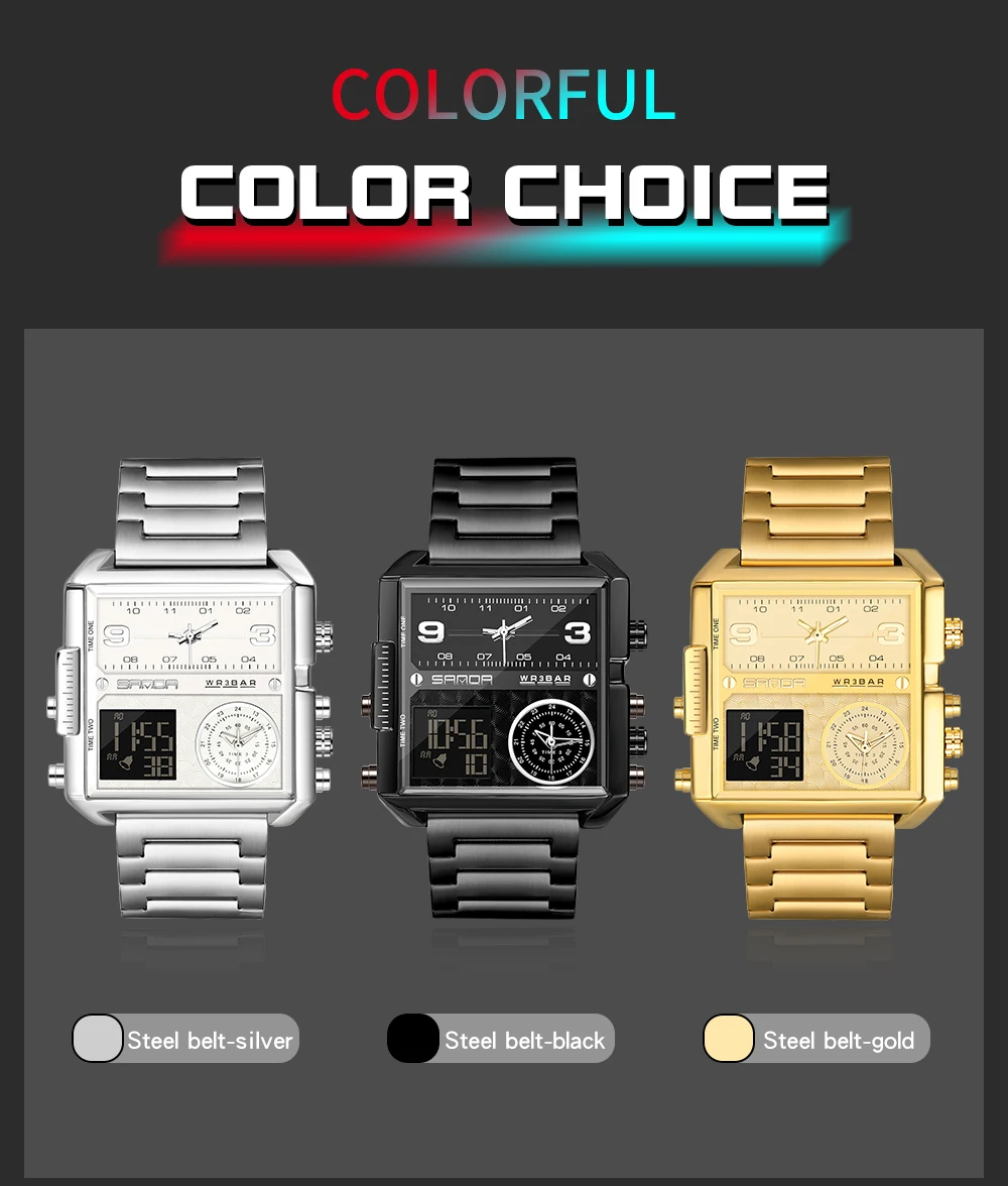Square SANDA 6023 Casual Personality Business Men's Watch Fashion Square Electronic Watch Cool Stainless Steel Luminous Watch
