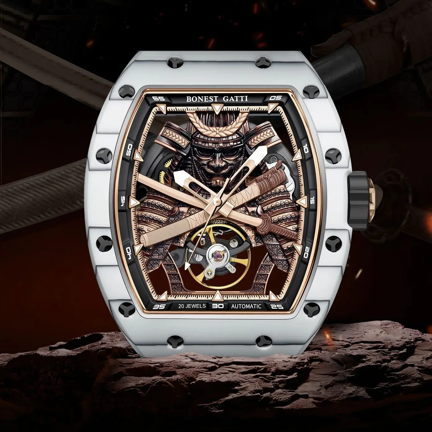 

BONEST GATTI Мужские автоматические часы 42*54 мм Tonneau Механические наручные часы из углеродного волокна Светящийся циферблат ниндзя Сапфировое зеркало