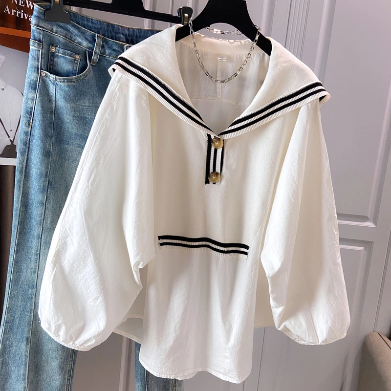 Spring 2024 Summer Preppy Style Women's Shirts Loose Plus Size Sailor Collar Lady White Color Tops Long Sleeve Female Blouse K96