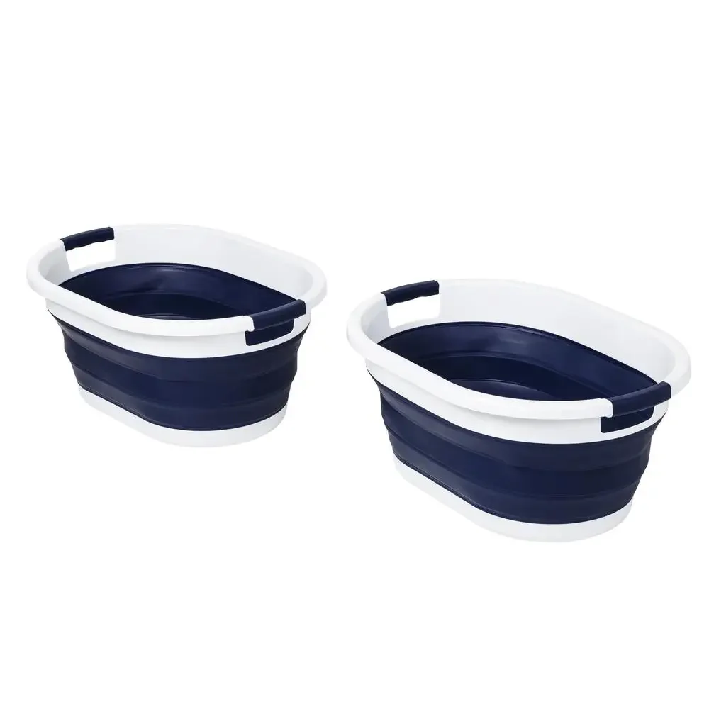 Collapsible Laundry Baskets Set of 2 Navy/White Rubber Construction 40 lbs Capacity