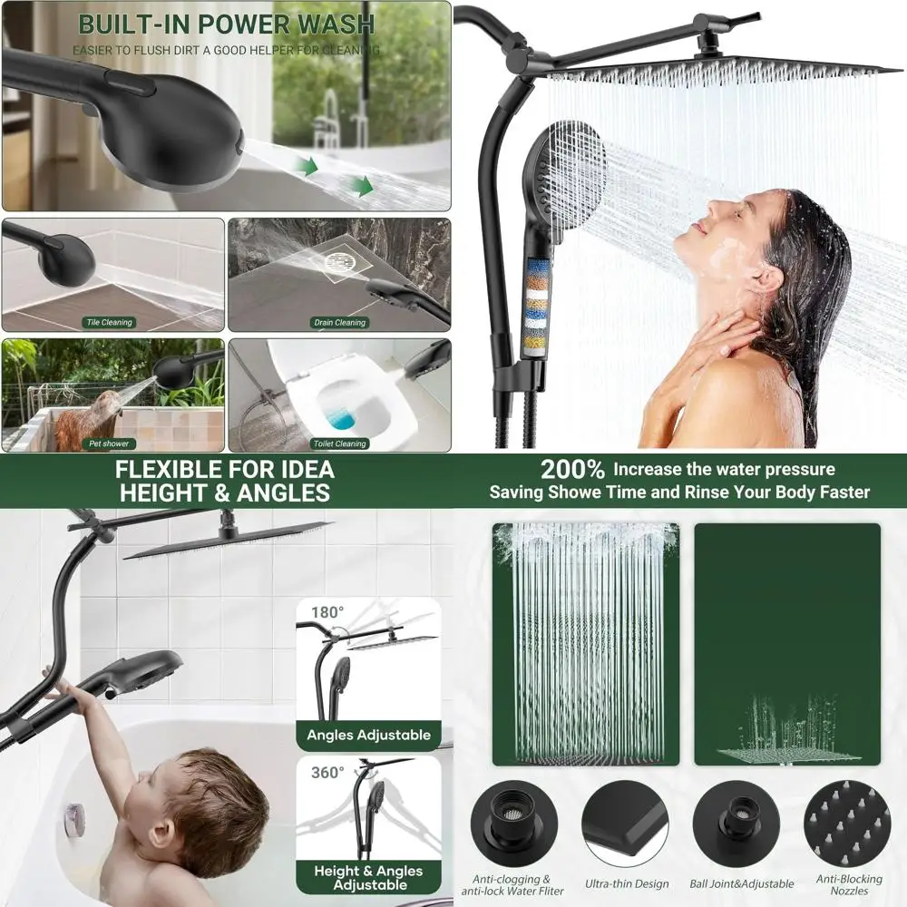 High-Pressure Filtered Shower Combo with 10-Spray Handheld, Adjustable Height Bar, and 71 Hose in Matte Black