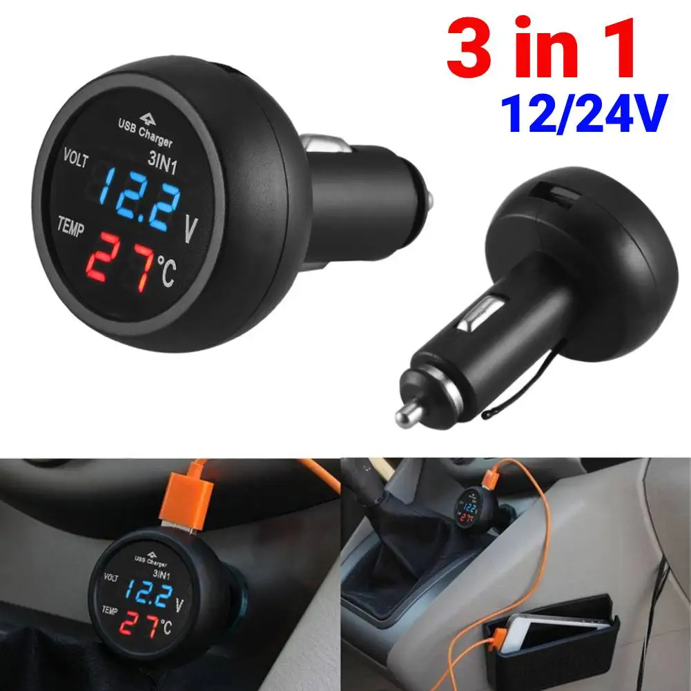 12/24 فولت سيارة فولت متر الرقمية LED سيارة ولاعة السجائر الفولتميتر ميزان الحرارة سيارة شاحنة شاحن يو اس بي الحالي متر فولت الكاشف