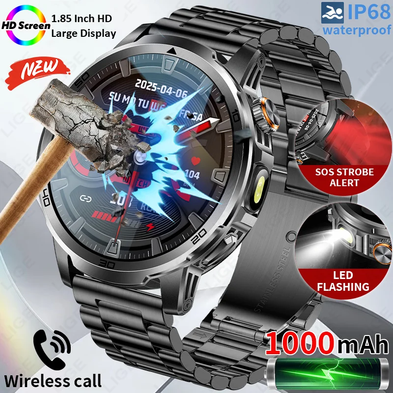 

LIGE Military Outdoor Sport Smart Watch 1000mAh Big Battery Men SOS Distress Light Flashlight 1.85" BT Call IP68 Smartwatch New