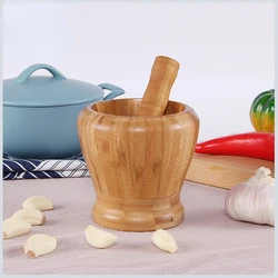 Bamboo Wood Mortar and Pestle Set with Lid Spoon Grinder Press Crusher Masher for Pepper Garlic Herb Spice Kitchen Gadget Sets