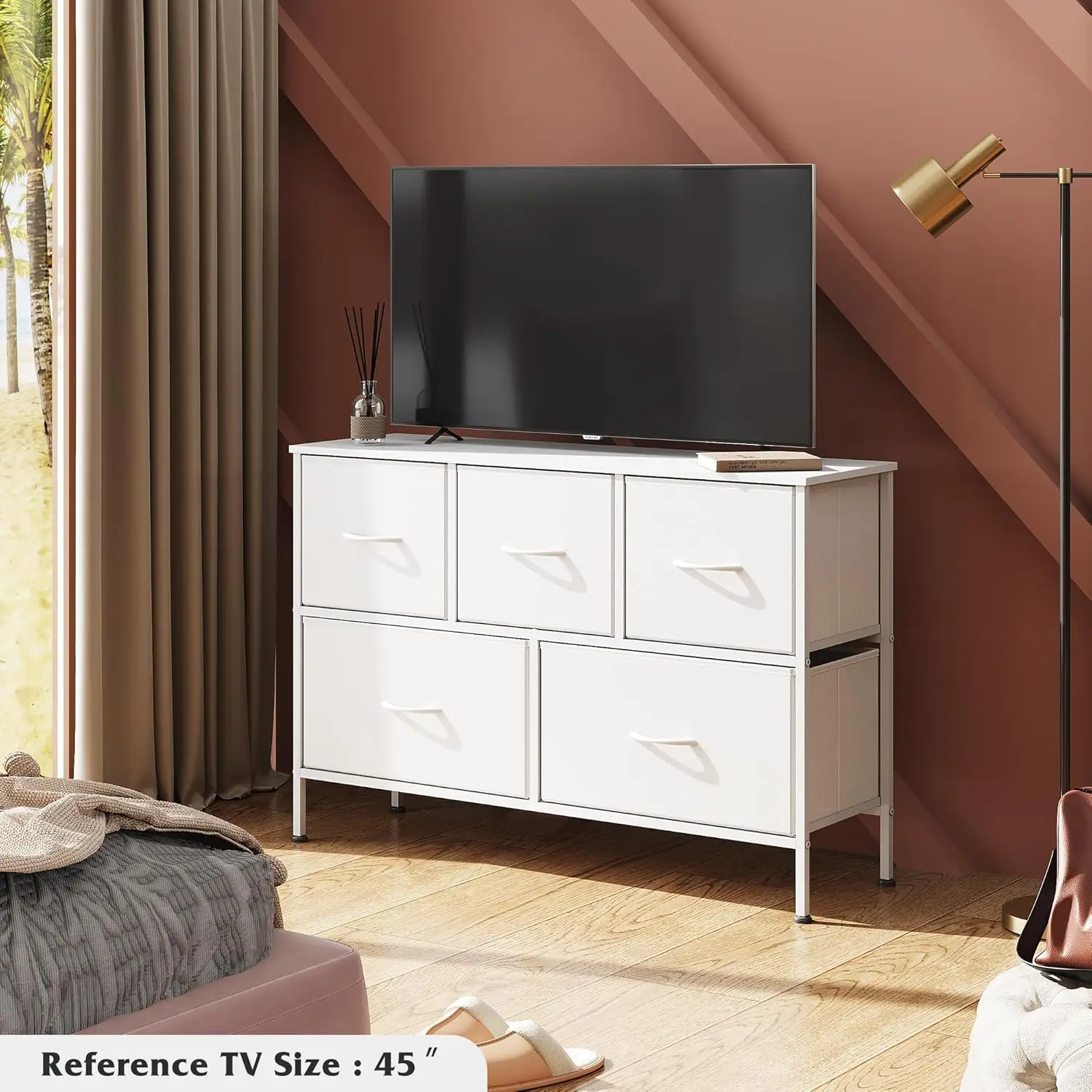 Commode large en tissu à 5 tiroirs pour chambre à coucher, armoire de rangement à profil bas, meuble TV, organisateur de vêtements