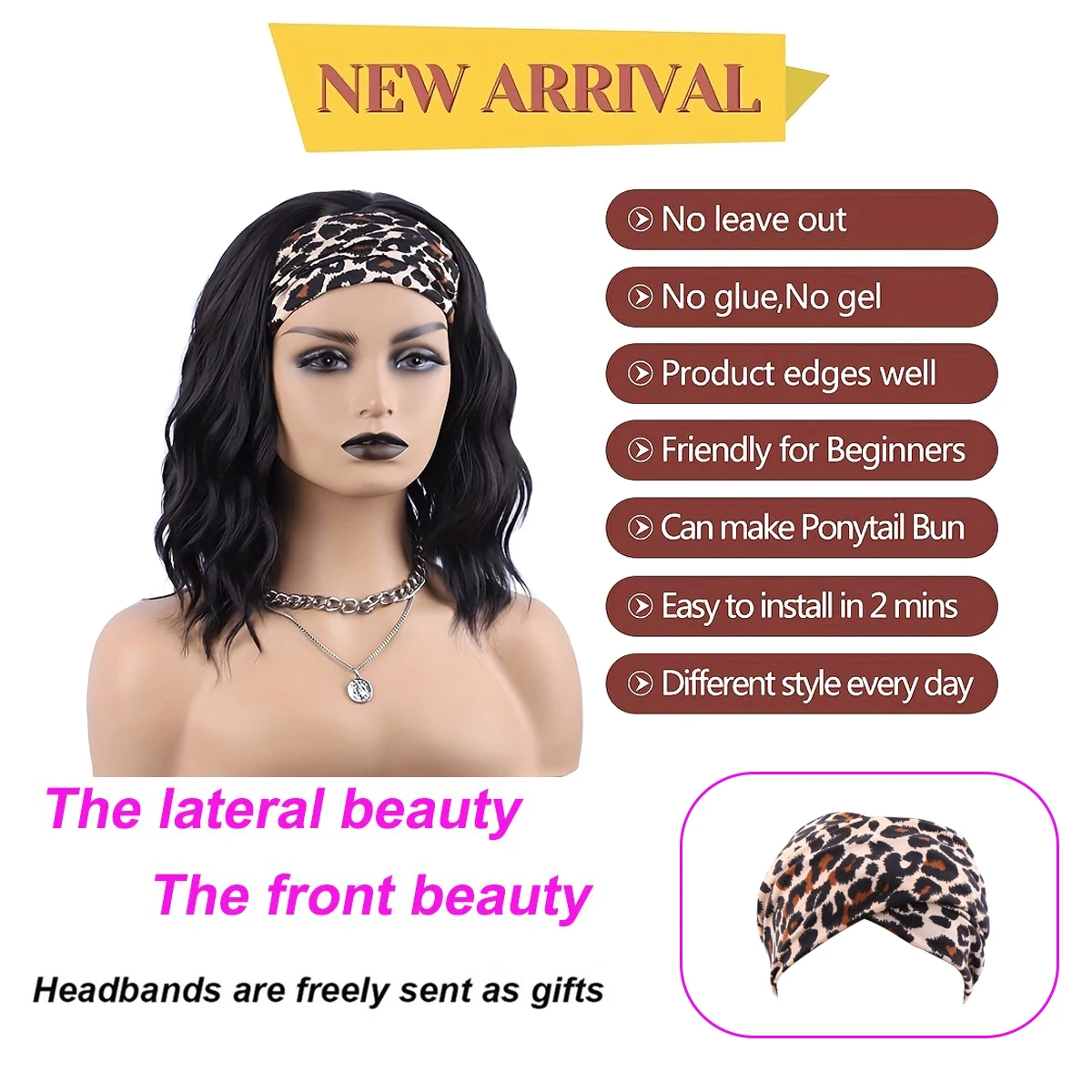 Headband Wig Short Wavy Wigs for Black Women Black Bob Wig Synthetic Natural Curly Shoulder Length Wigs 16 Inch for Daily/Party