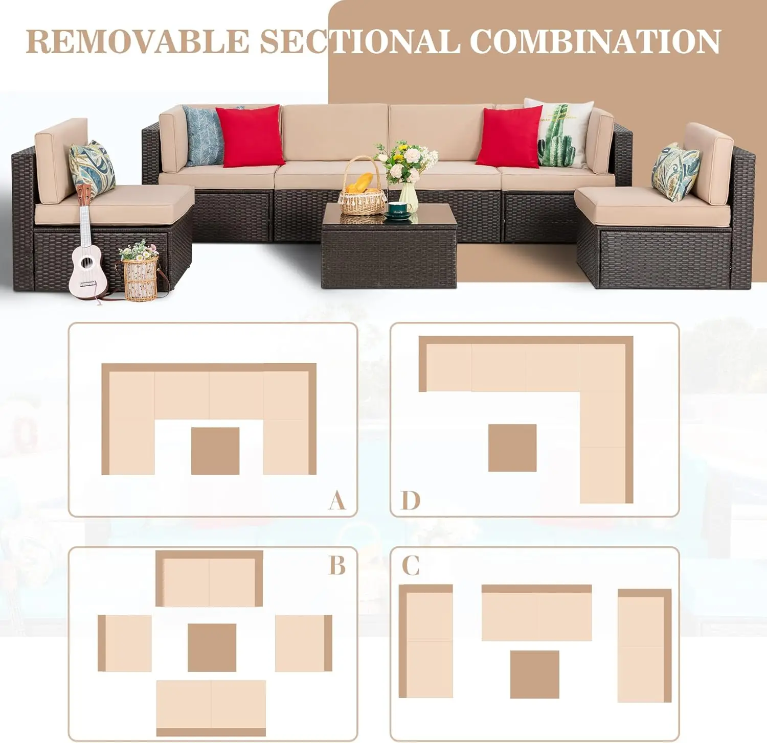 Vongrasig 7 ชิ้นลานกลางแจ้งเฟอร์นิเจอร์ชุดกลางแจ้งโซฟาหวาย,PE คู่มือทอผ้าหวาย Patio Conversation ชุด