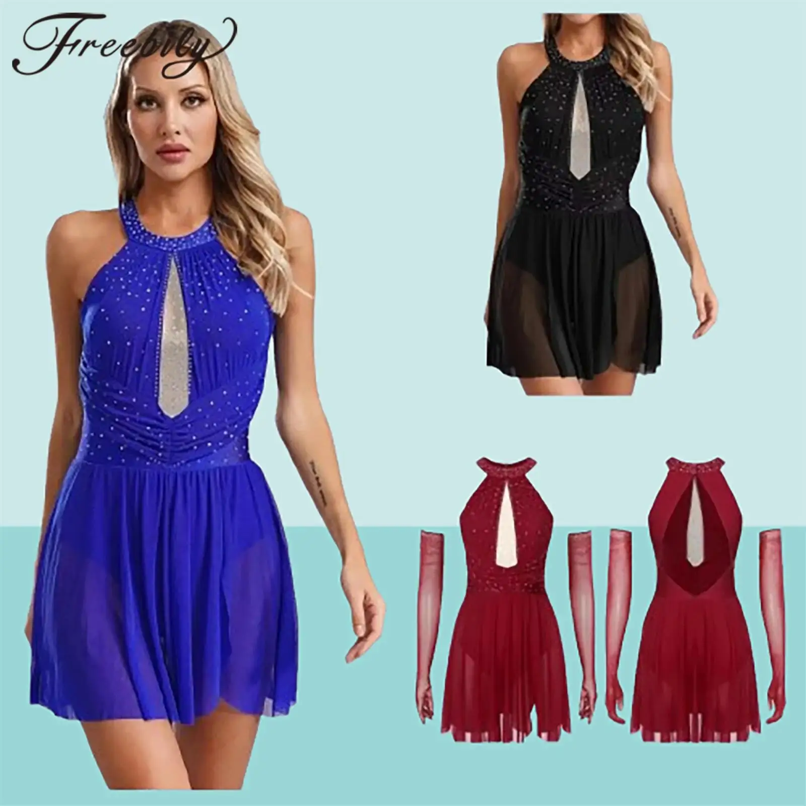 

Womens Latin Dance Leotard Dress Ballroom Outfit Tango Bodysuit with Gloves Femme Cha-cha Salsa Samba Performance Costume