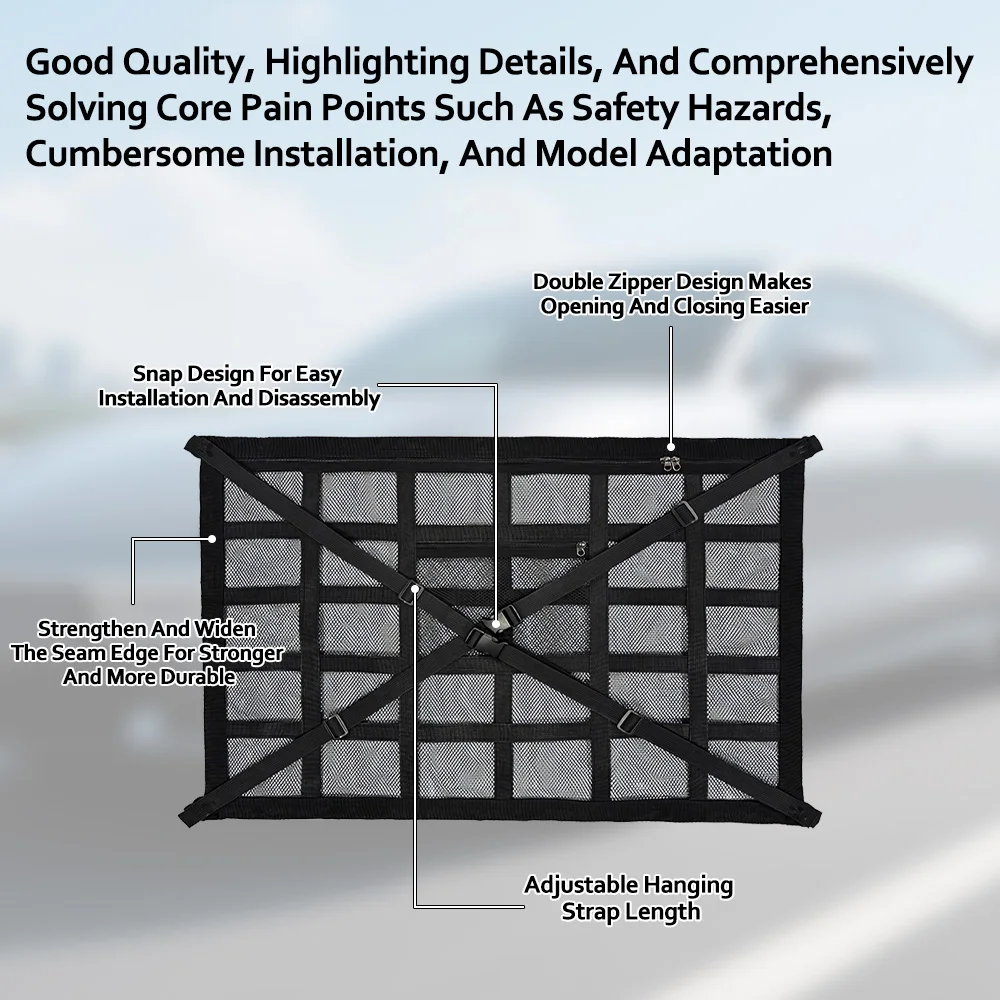 Tas Penyimpanan Mobil Tas Jaring Bernapas Tas Penyimpanan Atap Ritsleting Ganda Kantong Ganda Tas Gantung Berjaring Perlengkapan Mobil