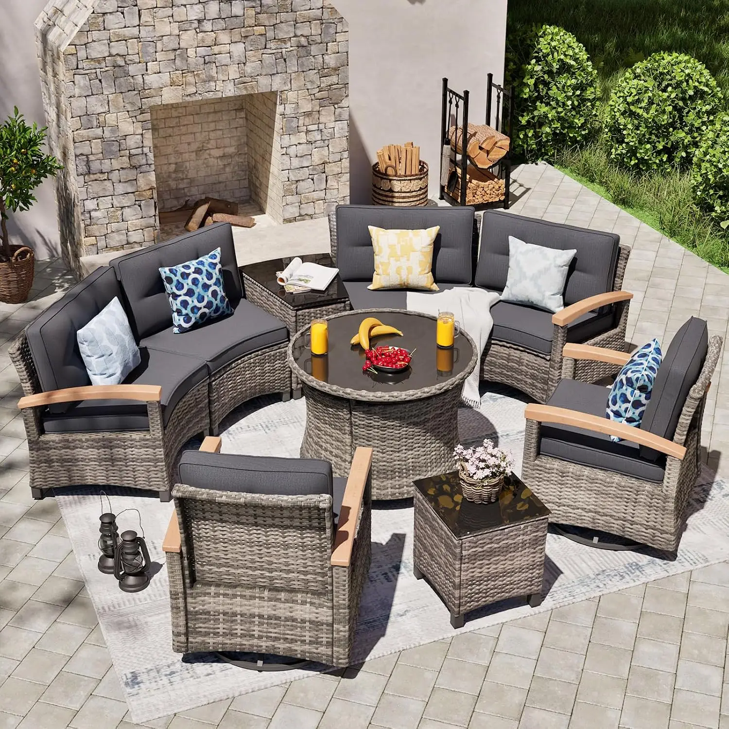9-Piece Half-Moon Curved Outdoor Patio Furniture Set, Sectional Conversation Sofa with 2 Swivel Glider Chairs,, Customized