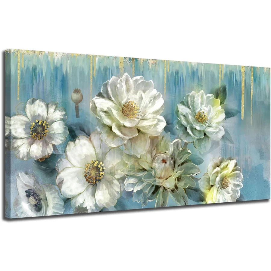 Blue green diamond mosaic, magnolia white flower picture of rhinestones diamond painting full drill big size abstract wall decor