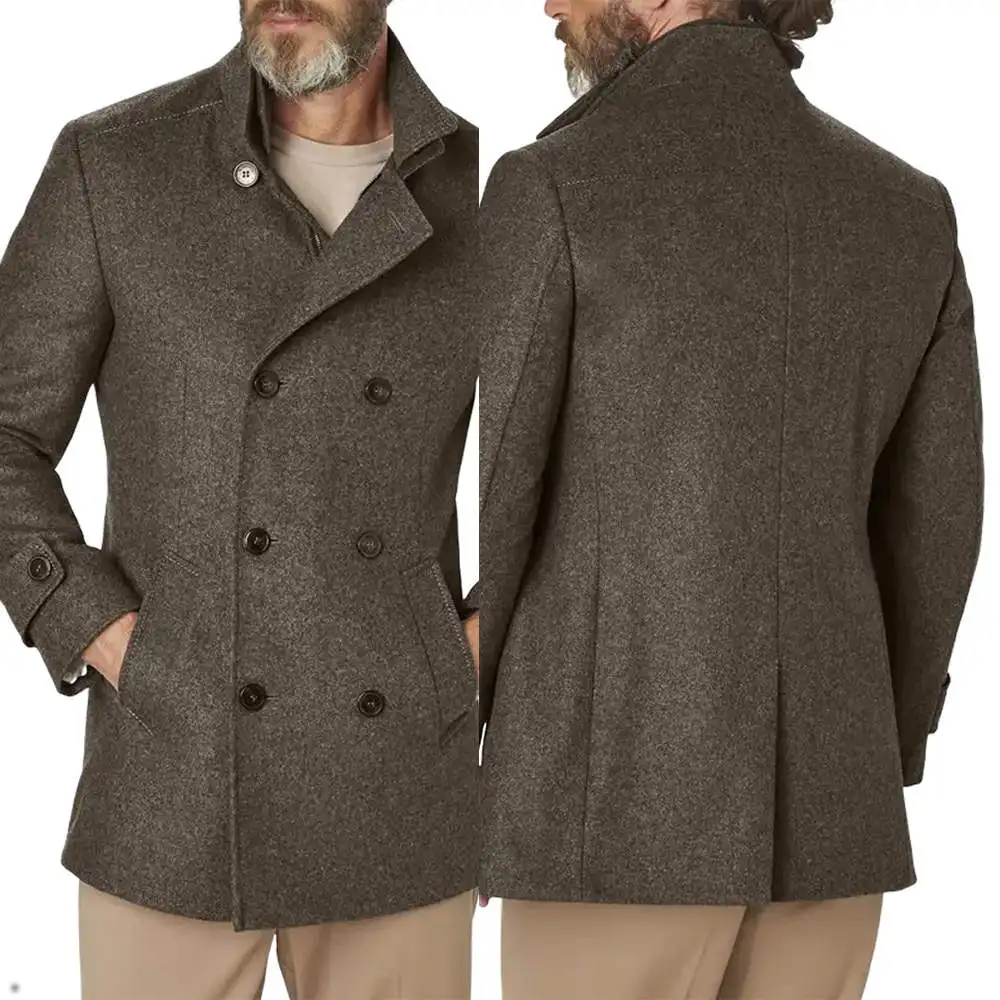 

Men's Military Wool & Cashmere Coat Short Double Breasted Custom Made Tweed Jacket One Piece