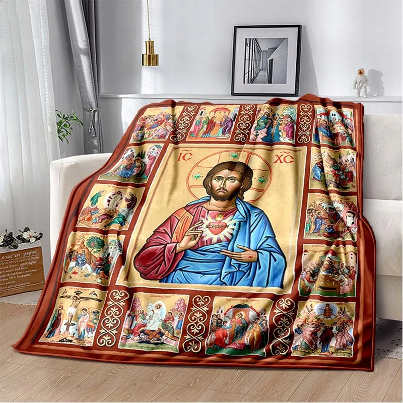 Retro Jesus Virgin Mary Art Flannel Blanket,Ultra Soft Warm Plush Throw for Home Bedroom Bed Sofa Cover Office Travel Gift Kid