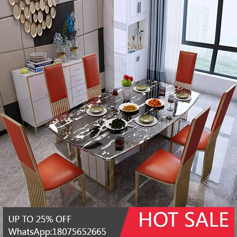 

HLZ Pure Natural Marble Dining Table and Chair Set Hong Kong Style Light Luxury Rectangular Postmodern American Furniture