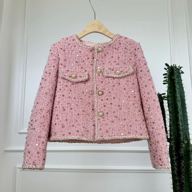 Women High-quality Pink Sequin Tweed Short Coat Fashion Sweet Shiny Versatile Long-sleeved Fragrance French Lady Short Coat