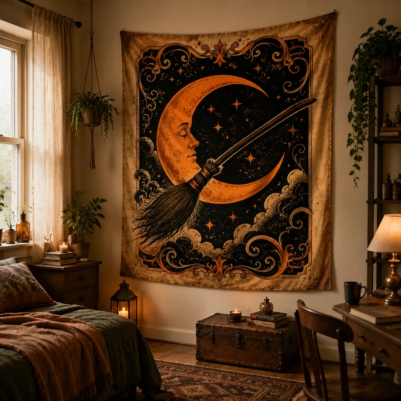 VIKAMA Vintage Witch Moon Tapestry, Vintage Broom and Celestial-Themed Bohemian Bedroom Aesthetic Wall Hanging, Home Decor