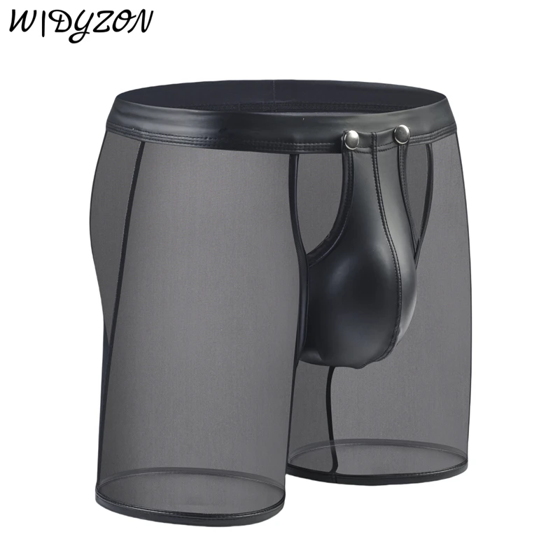 

Fitness Long Men Boxer Underwear Mesh Faux Leather Men's Boxershorts Panties Long Leg Trunks Sexy Pouch Opened Button Underpants