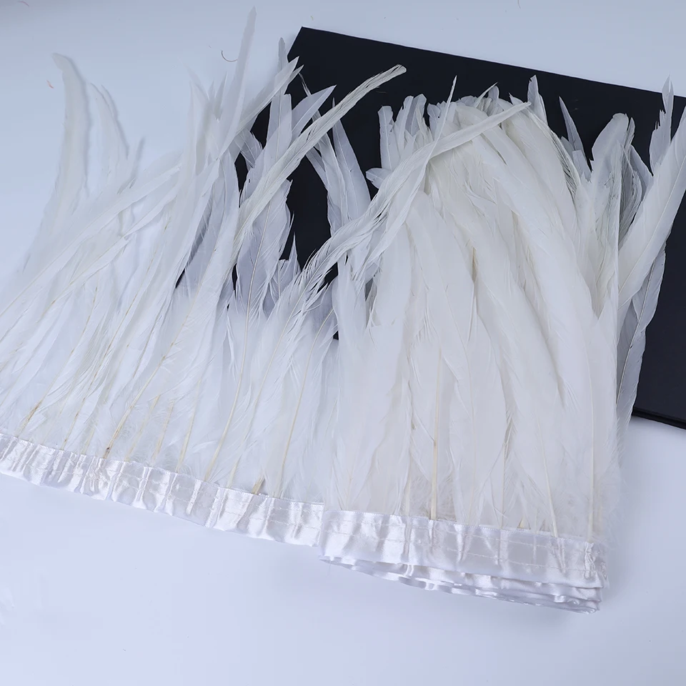 Rooster Tail Feathers Ribbon, White Feathers, Trimming for Handiwork Crafts, Carnival Costumes Plumes, 35-40cm, 2m